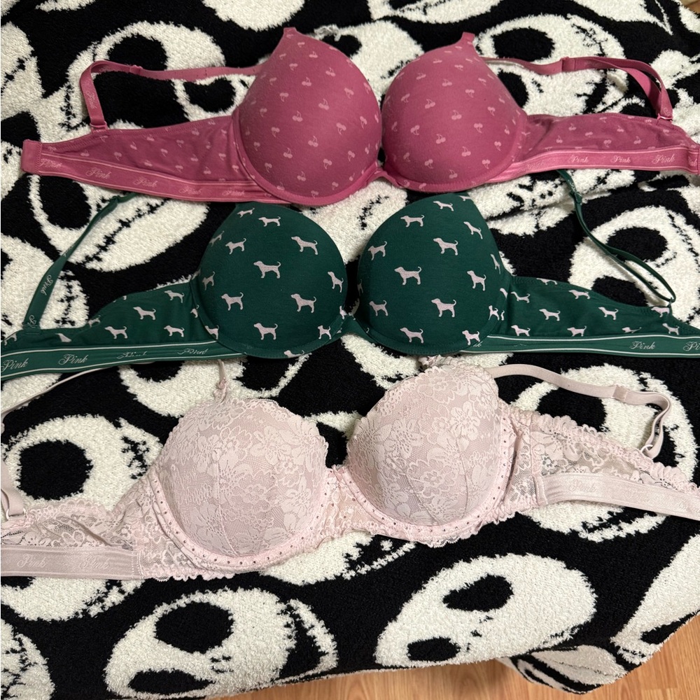 PINK Victoria's Secret Pink, Green, and Cream Bra Trio